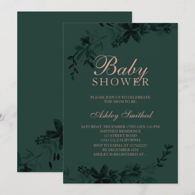 Rose gold typography Floral green baby shower Invitation (Front/Back)