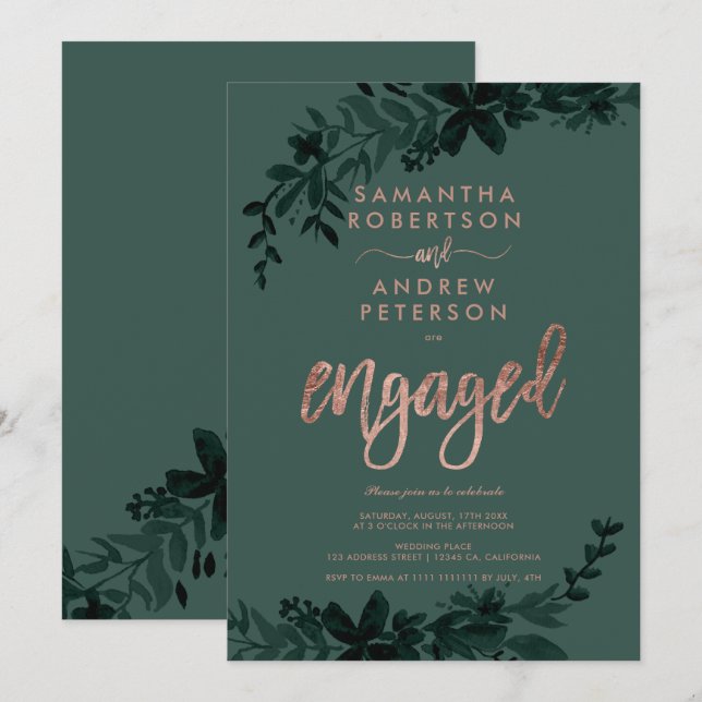 Rose gold typography Floral green engagement party Invitation (Front/Back)