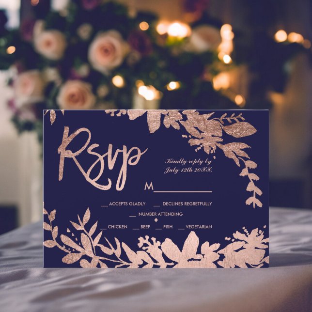 Rose Gold typography floral navy blue rsvp wedding Card (Rose Gold typography floral navy blue rsvp wedding)
