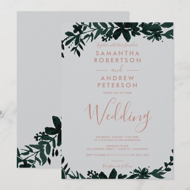 Rose gold typography green Floral grey wedding Invitation (Front/Back)