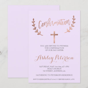 Rose gold typography lavender confirmation invitation