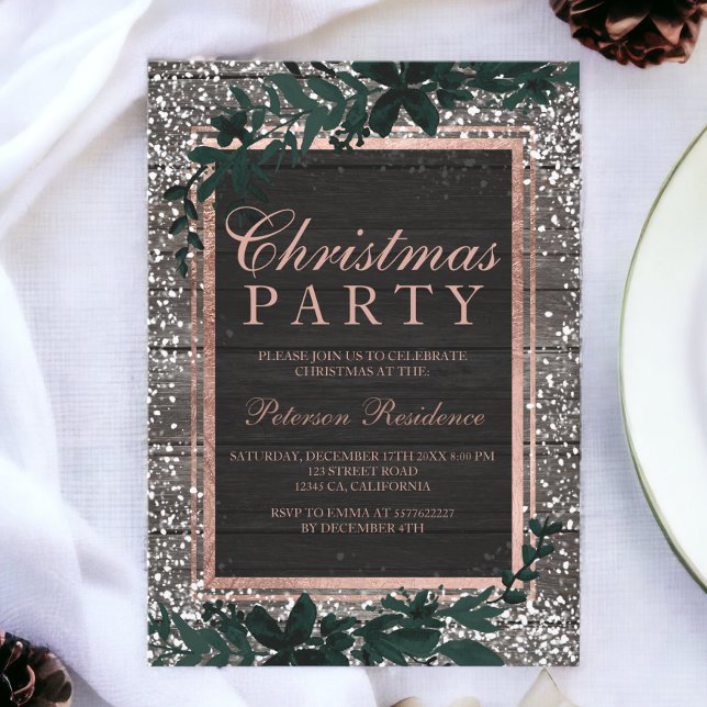 Rose gold typography leaf snow wood Christmas Invitation (Rose gold typography leaf snow wood Christmas Invitation)