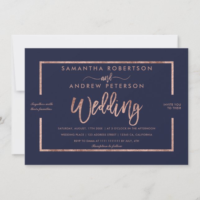 Rose gold typography navy blue chic wedding invitation (Front)