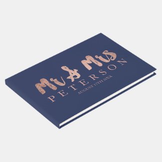Rose gold typography navy Mr Mrs guests wedding Guest Book