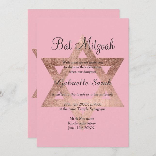 Rose gold typography pink Bat Mitzvah Invitation (Front/Back)