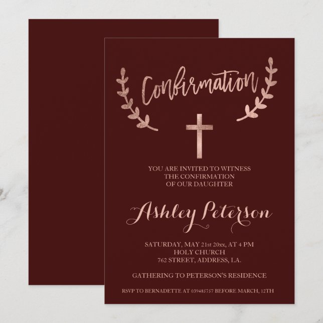 Rose gold typography red burgundy confirmation invitation (Front/Back)