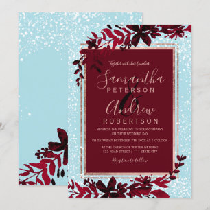 Rose gold typography red leaf snow blue wedding invitation