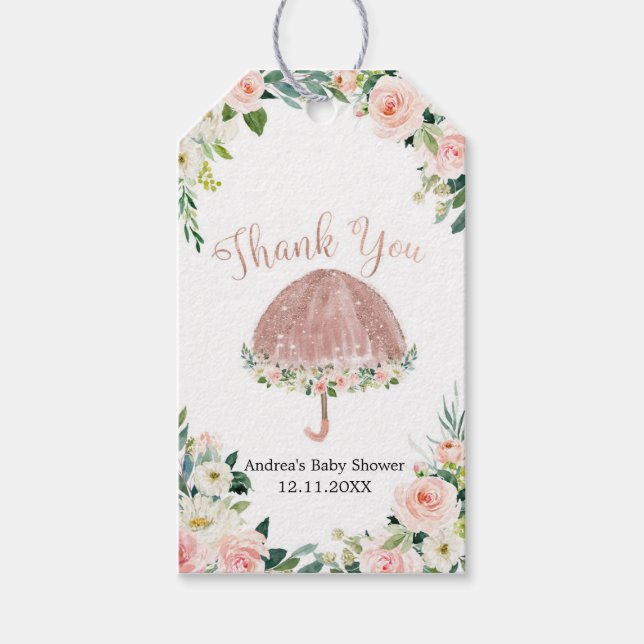 Rose Gold Umbrella April Shower Thank You Tag (Front)