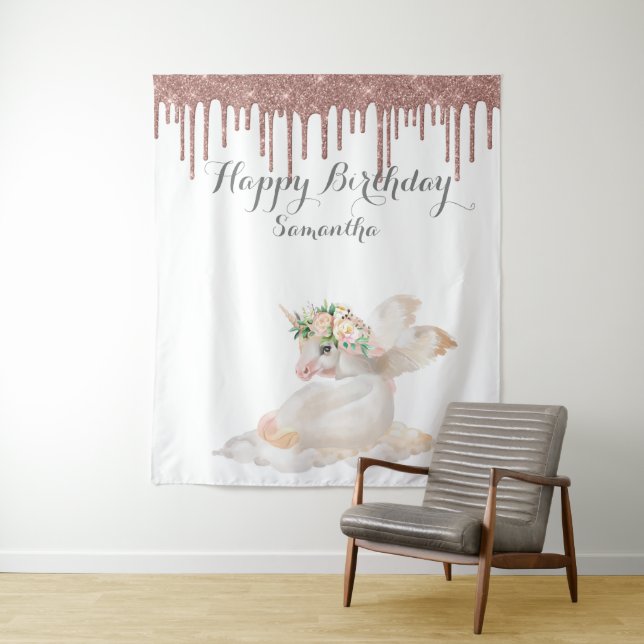 Rose Gold Unicorn Birthday Backdrop Photo Booth Tapestry (In Situ)