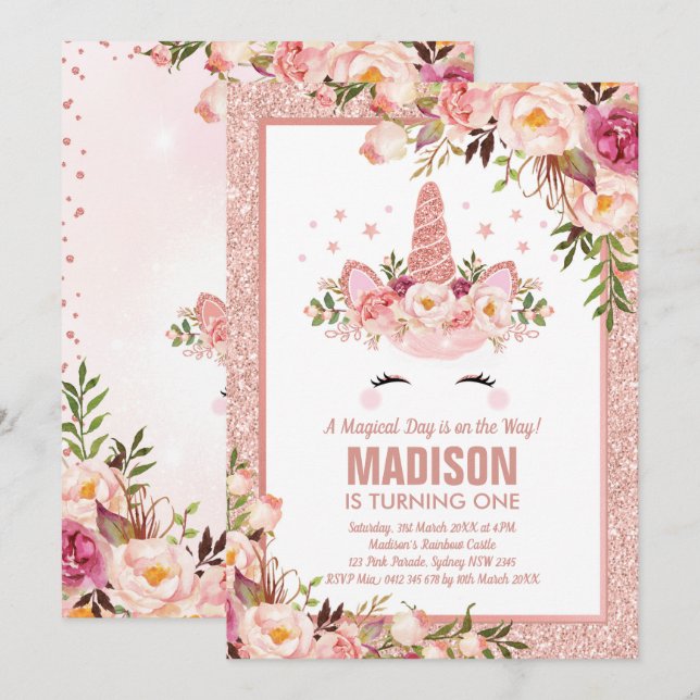 Rose Gold Unicorn / Magical Birthday Party Invitation (Front/Back)