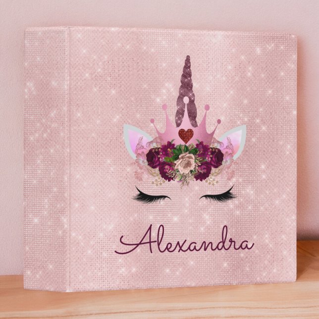 Rose Gold Unicorn Sparkle Princess Monogram Name Binder (Creator Uploaded)