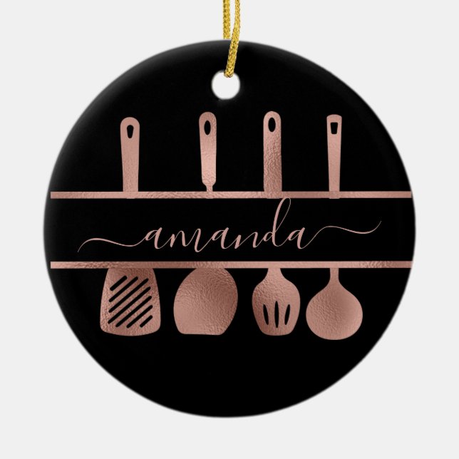Rose Gold Utensils Personal Chef Cooking Baking Ceramic Ornament (Front)