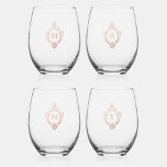 Rose Gold Vintage Crests 4 Pink Monogram Initials Stemless Wine Glass<br><div class="desc">A set of 4 glasses,  each of them personalized by different pink monogram initials,  each of them in a similar rose gold vintage crest.

Can be used as bridesmaid gifts,  each personalized with the bridesmaid's initial.</div>