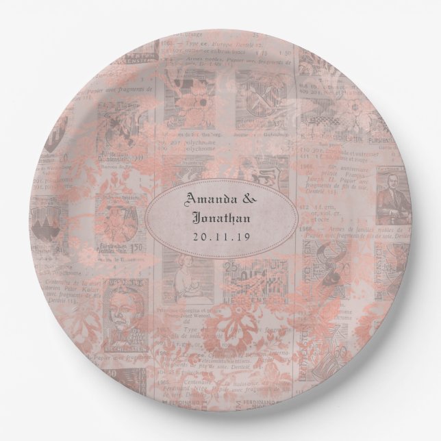 Rose Gold Vintage Newspaper Wedding Paper Plate (Front)