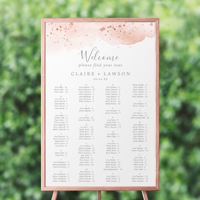 Rose Gold Watercolor Alphabetical Seating Chart (Creator Uploaded)