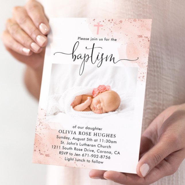 Rose Gold Watercolor Baptism Dedication Invitation (Creator Uploaded)