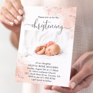 Rose Gold Watercolor Christening Baptism Invitation