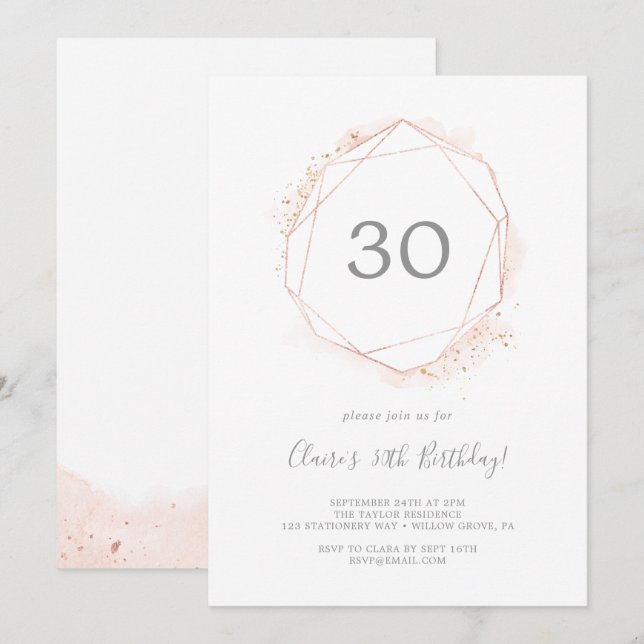 Rose Gold Watercolor Geometric 30th Birthday Party Invitation (Front/Back)