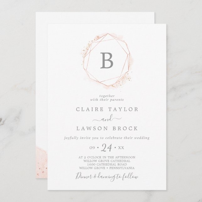 Rose Gold Watercolor Geometric Monogram Wedding Invitation (Front/Back)