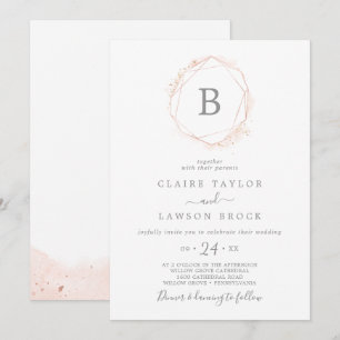 Rose Gold Watercolor Geometric Monogram Wedding Invitation