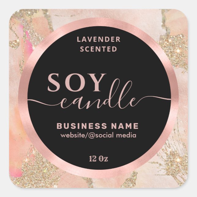Rose gold watercolor script soy candle label (Front)