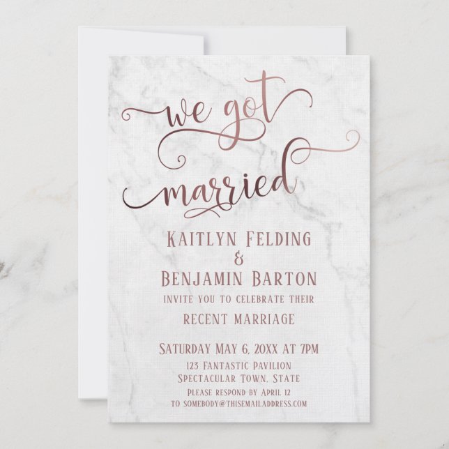 Rose Gold "We Got Married" Typography w/ Marble Invitation (Front)