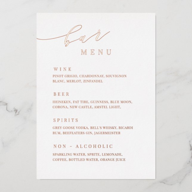 Rose Gold Wedding Bar Menu Reception Table Sign (Front)