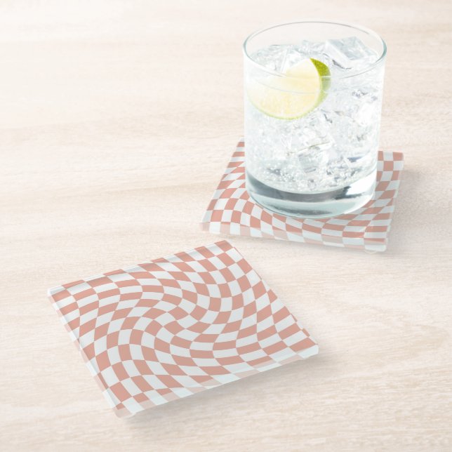 Rose Gold Wedding Collection Check Chequered Glass Coaster (Angled)