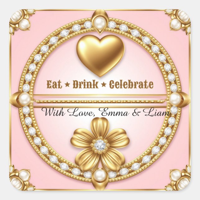 🌹 Rose Gold Wedding Heart Celebration 💍 Square Sticker (Front)