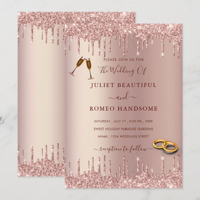 Rose Gold Wedding Invitation Elegant Blush Glitter (Front/Back)