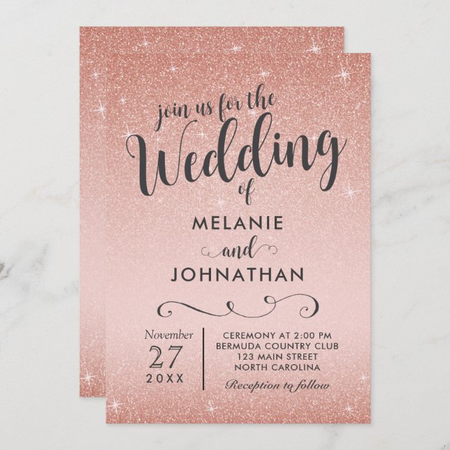 Rose Gold Wedding Invitation, Pink Invitation (Front/Back)