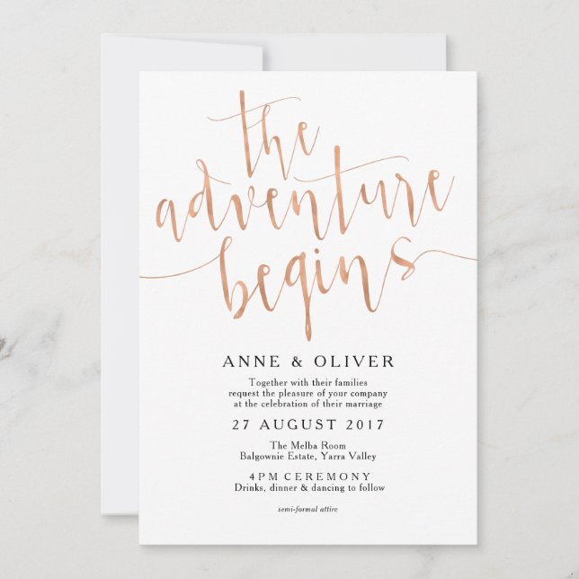 Rose Gold Wedding Invitation The Adventure Begins (Front)