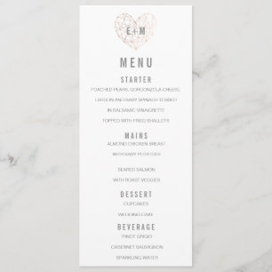 Rose gold Wedding Menu heart initials