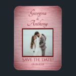 Rose Gold Wedding Photo Custom Save the Date Magnet<br><div class="desc">Gift your friends and loved ones this special Rose Gold Custom Wedding Photo Save the Date Magnet with cool burgundy brushed metal effect and a spot to add a picture of the wedding couple! Created with no blush pink filter in case you don't desire it! Customize it with your nuptial...</div>