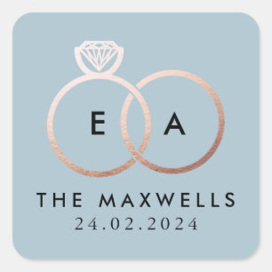 Rose Gold Wedding Ring Monogram Name and Date Blue Square Sticker