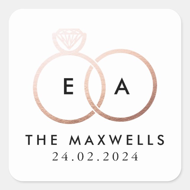 Rose Gold Wedding Ring Monogram Name and Date Square Sticker (Front)