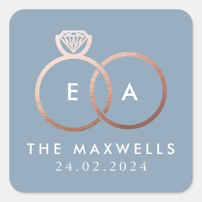 Rose Gold Wedding Ring Monogram Name Date Blue Square Sticker (Front)