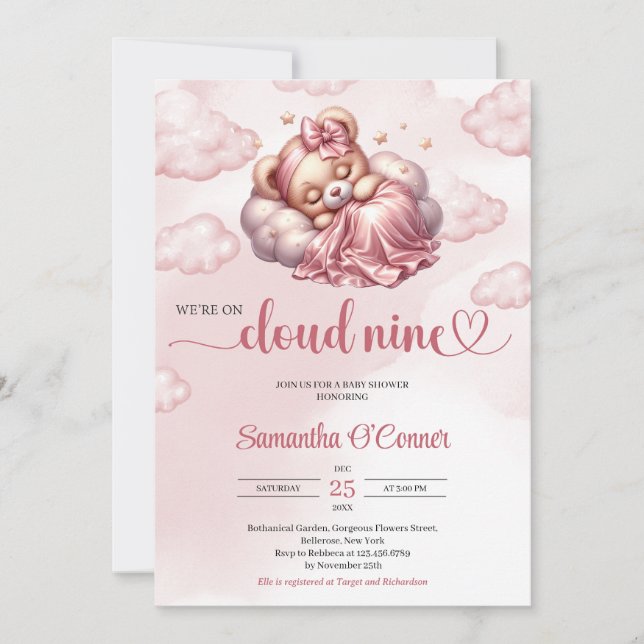 Rose gold we're on cloud nine teddy bear girl invitation (Front)