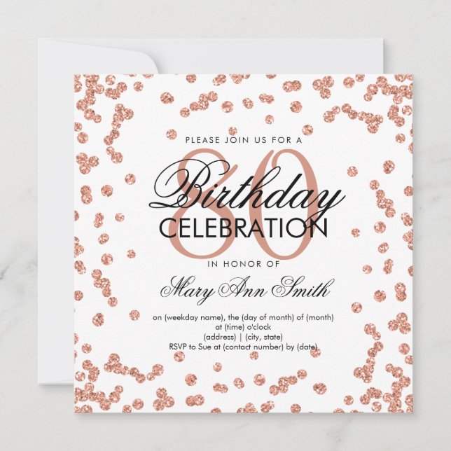 Rose Gold White 80th Birthday Glitter Confetti Invitation (Front)