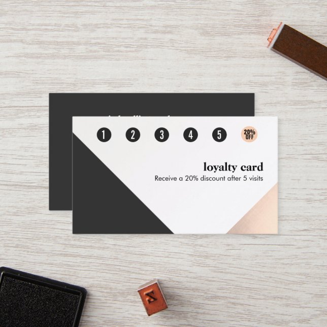 Rose Gold, White Black,Geometric 6 Punch Loyalty Card (Front/Back In Situ)