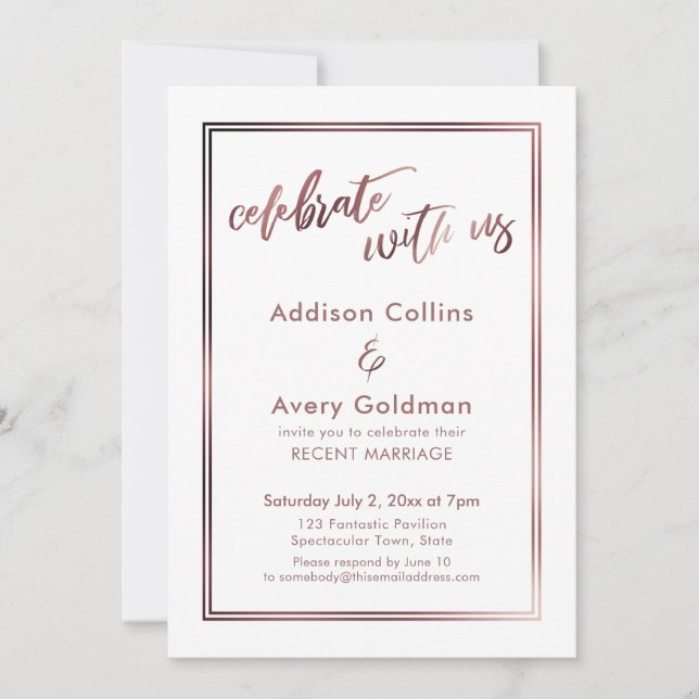 Rose Gold & White Celebrate with Us Typography Invitation (Front)