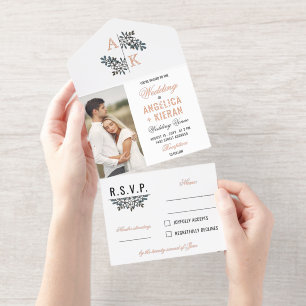 Rose Gold White Floral Monogram Photos Wedding All In One Invitation