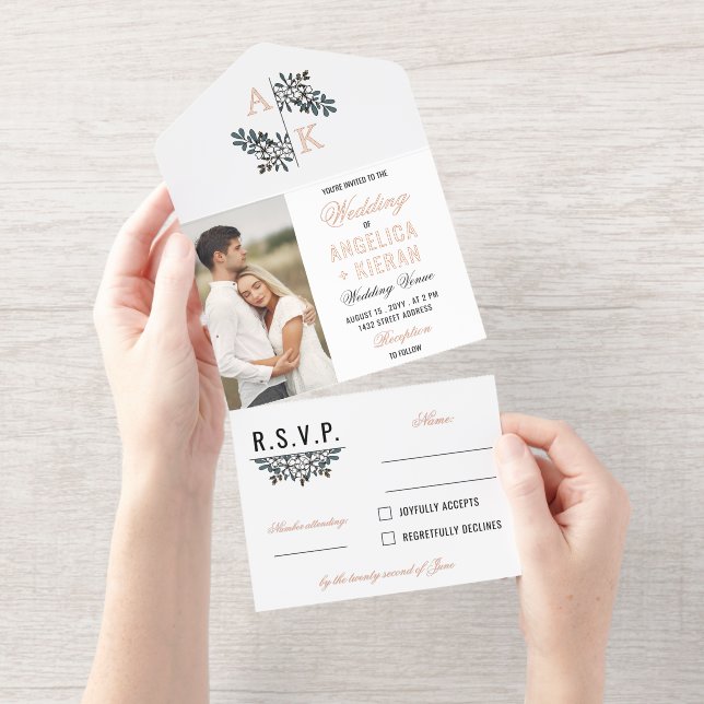 Rose Gold White Floral Monogram Photos Wedding All In One Invitation (Tearaway)