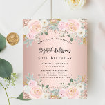 Rose gold white florals budget birthday invitation<br><div class="desc">A modern,  stylish and glamourous invitation for a 50th(or any age) birthday party.  A rose gold background with blush pink flowers,  roses. The name is written with a modern hand lettered style script.  Personalize and add your party details. 

1 sheet = 1 invitation printed edge to edge.</div>
