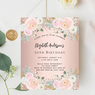 Rose gold white florals budget birthday invitation
