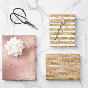 Rose Gold White Glam Glitz Stripes Birthday Wrapping Paper Sheet