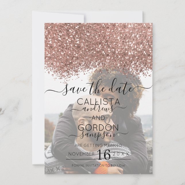 Rose Gold White Glitter Confetti Photo Wedding Save The Date (Front)