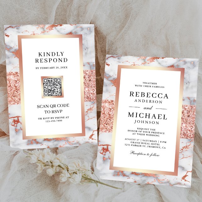 Rose Gold White Marble All in One QR Code Wedding Invitation (Creator Uploaded)