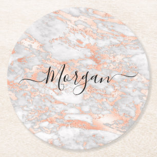 Rose Gold & White Marble, Black Script Name Round Paper Coaster