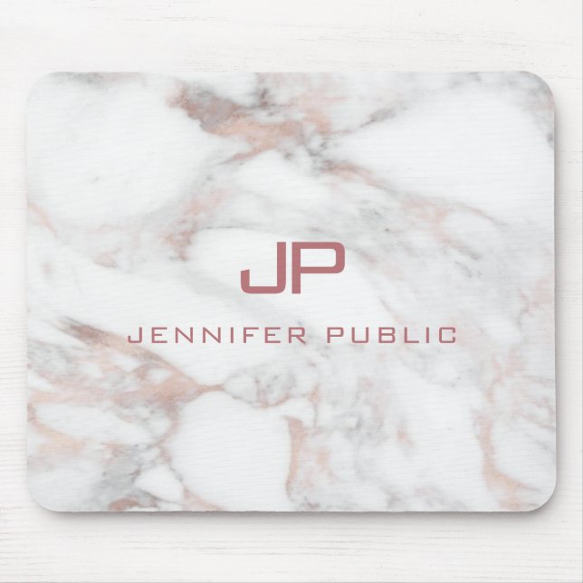 Rose Gold White Marble Elegant Monogram Template Mouse Pad (Front)